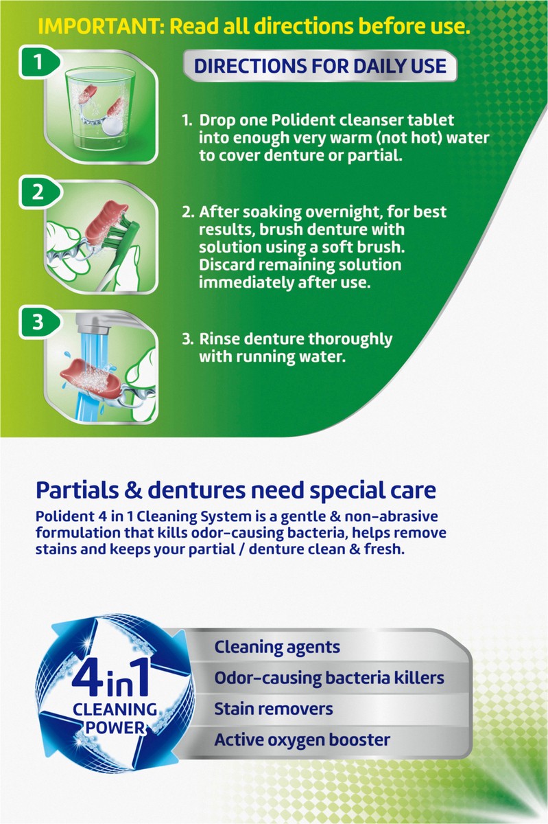 slide 10 of 10, Polident Tablets 4 in 1 Whitening Overnight Antibacterial Denture Cleanser 84 ea, 84 ct