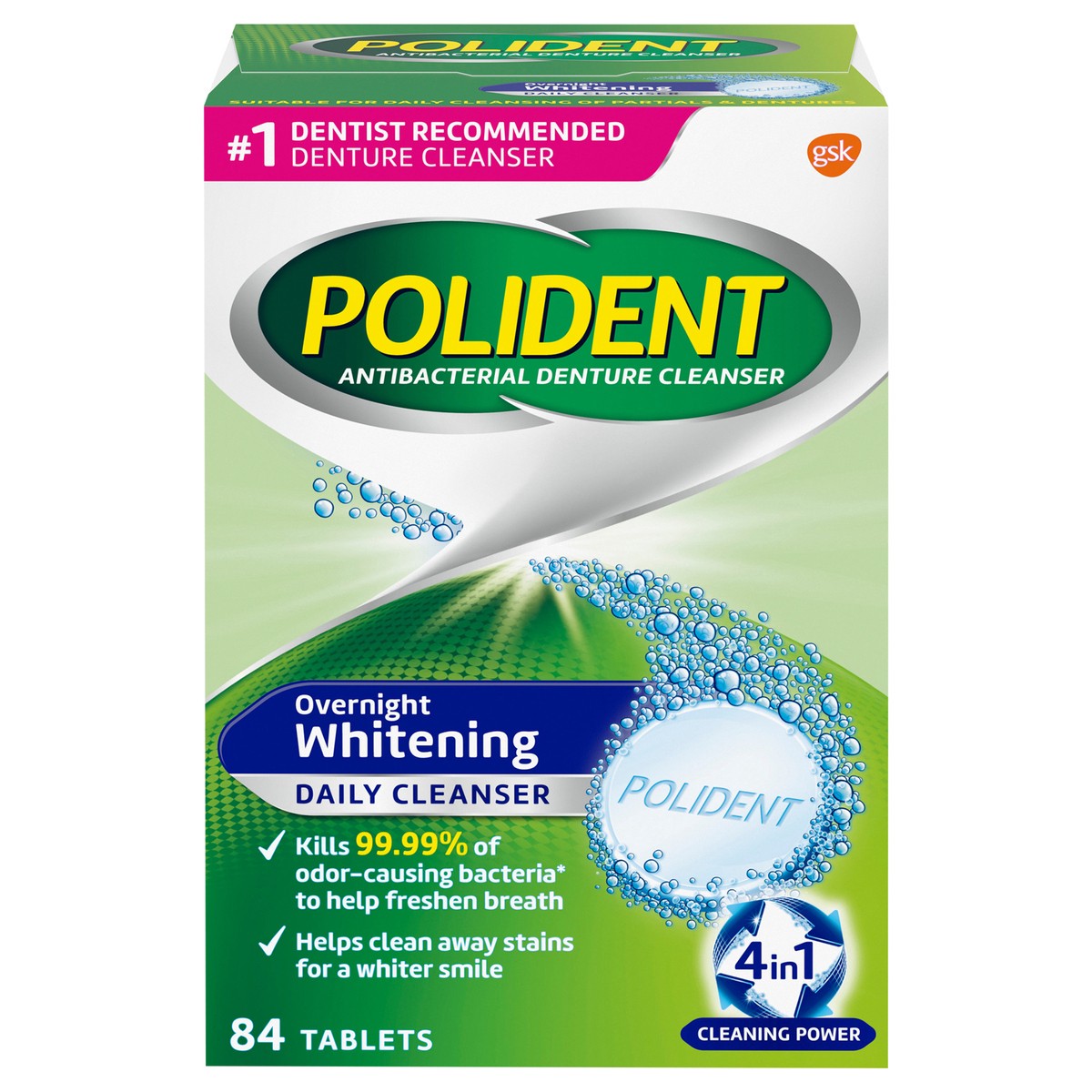 slide 8 of 10, Polident Tablets 4 in 1 Whitening Overnight Antibacterial Denture Cleanser 84 ea, 84 ct