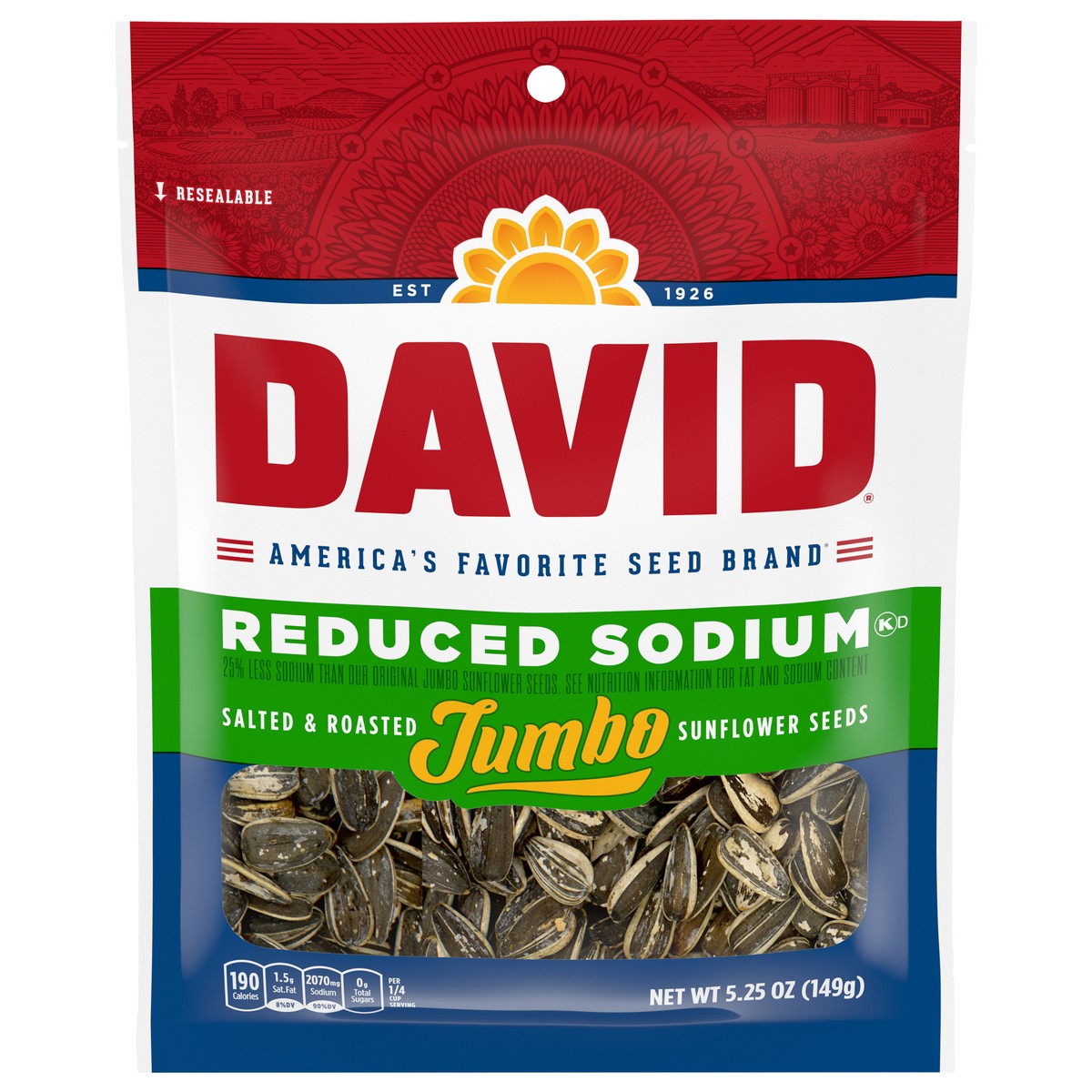 slide 1 of 5, David Seeds Reduced Sodium Salted and Roasted Jumbo Sunflower Seeds, Keto Friendly Snack, 5.25 oz., 5.25 oz