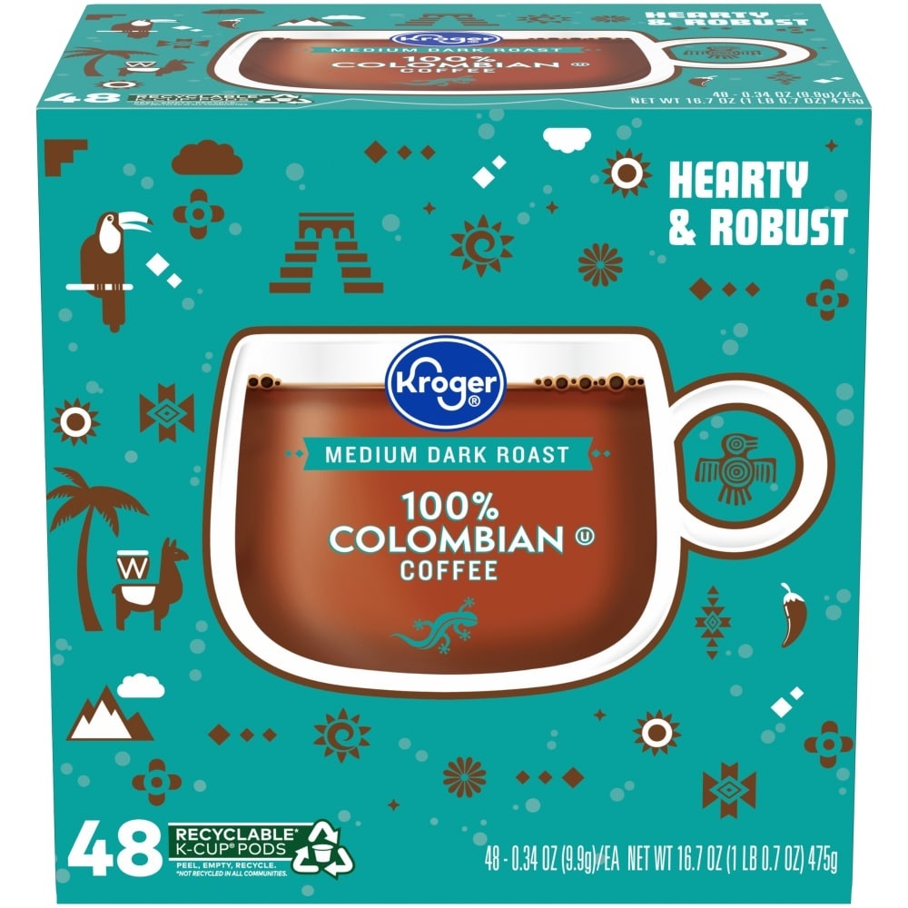 slide 1 of 1, Kroger Medium Dark Roast Colombian Coffee K-Cup Pods, 48 ct