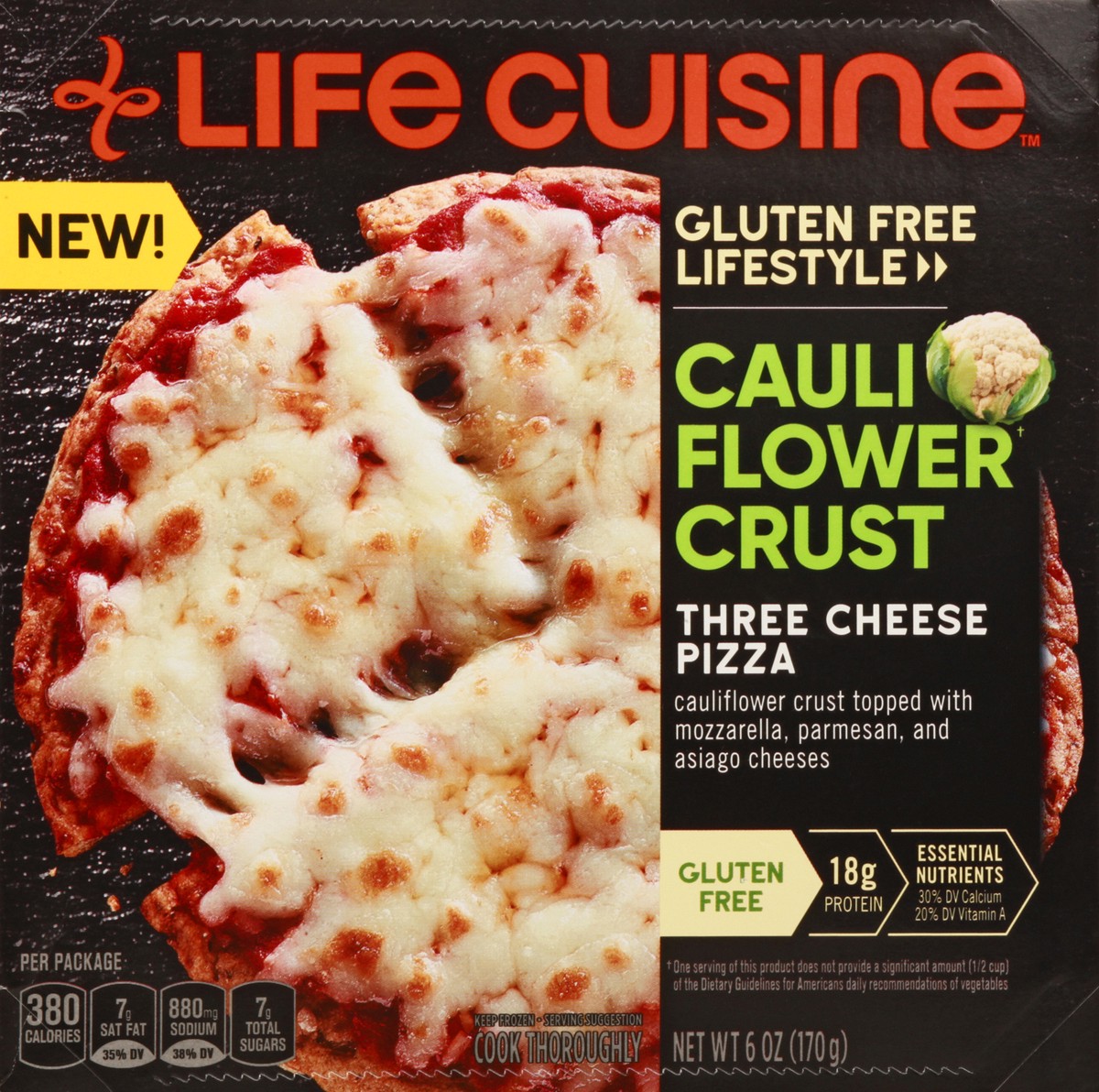 slide 6 of 9, Life Cuisine Frozen Pizza Cauliflower Crust Three Cheese Pizza, High Protein Gluten Free Frozen Pizza Dinner, 6 oz