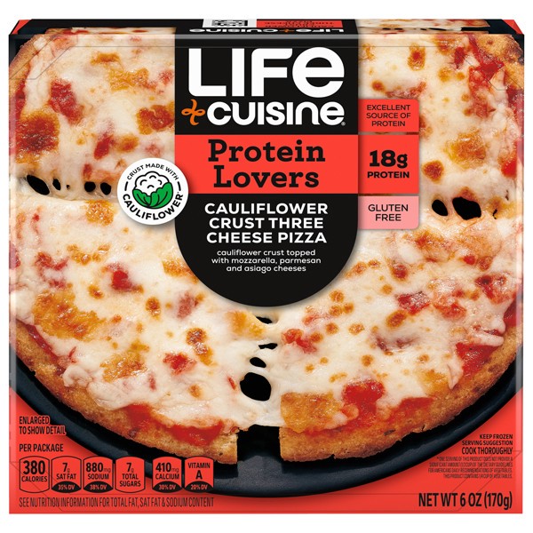 slide 1 of 9, Life Cuisine Frozen Pizza Cauliflower Crust Three Cheese Pizza, High Protein Gluten Free Frozen Pizza Dinner, 6 oz