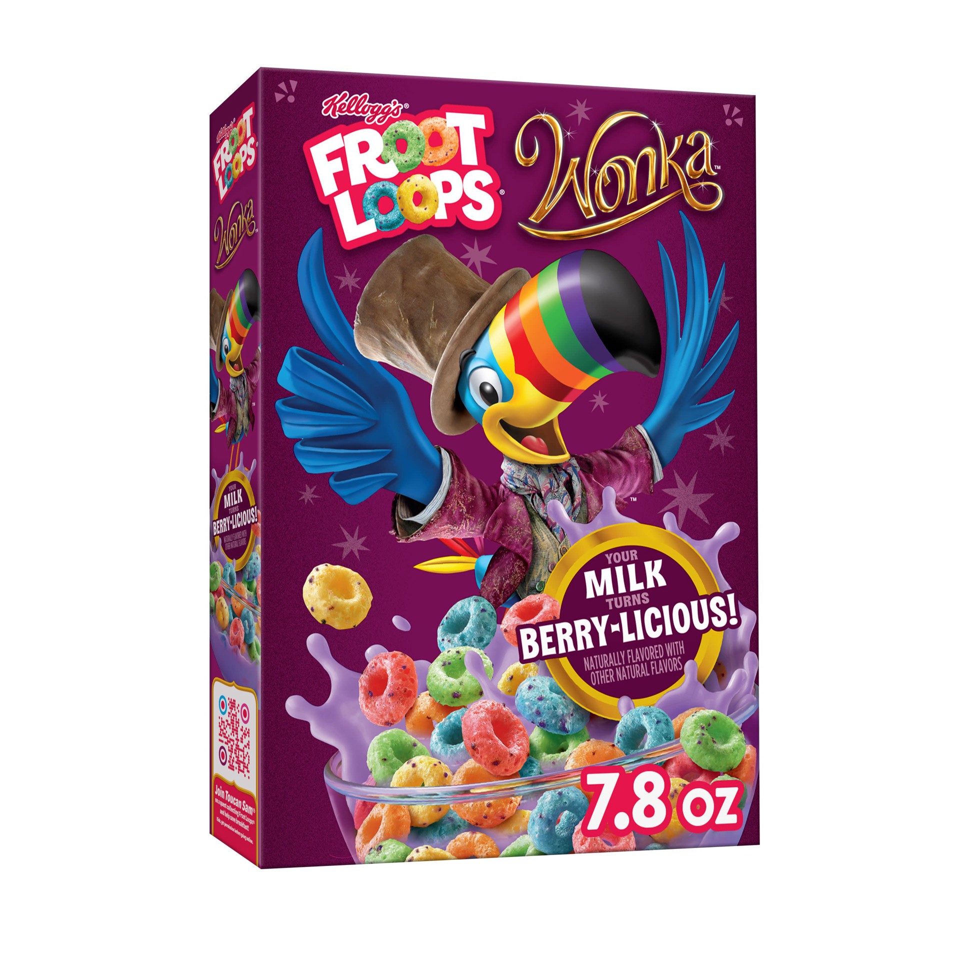 slide 1 of 9, Froot Loops Kellogg's Willy Wonka Froot Loops Cold Breakfast Cereal, Turns Milk Berry-licious, Breakfast Snacks, Berry-licious, 7.8oz Box, 1 Box, 7.8 oz