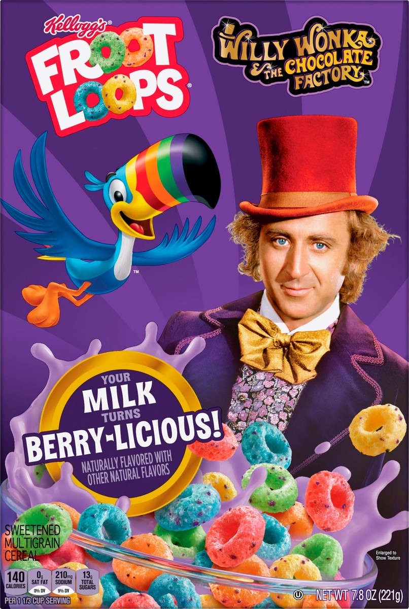 slide 9 of 9, Froot Loops Kellogg's Willy Wonka Froot Loops Cold Breakfast Cereal, Turns Milk Berry-licious, Breakfast Snacks, Berry-licious, 7.8oz Box, 1 Box, 7.8 oz