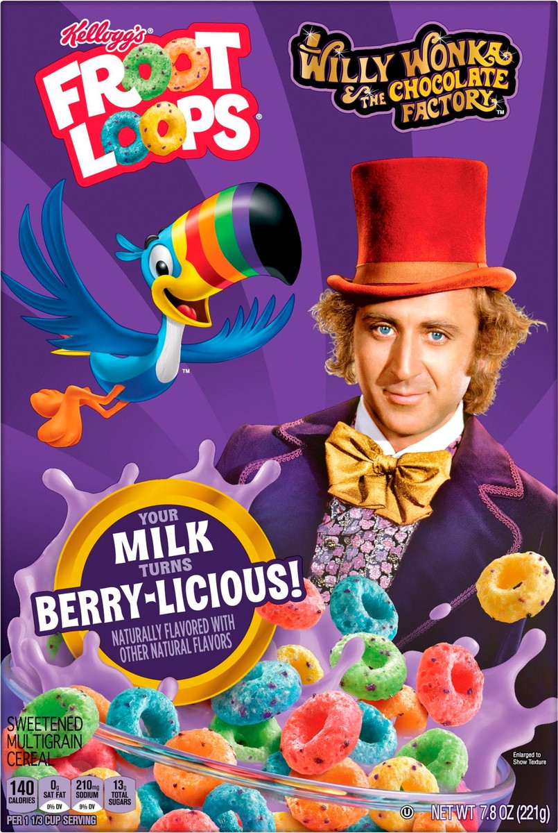 slide 8 of 9, Froot Loops Kellogg's Willy Wonka Froot Loops Cold Breakfast Cereal, Turns Milk Berry-licious, Breakfast Snacks, Berry-licious, 7.8oz Box, 1 Box, 7.8 oz