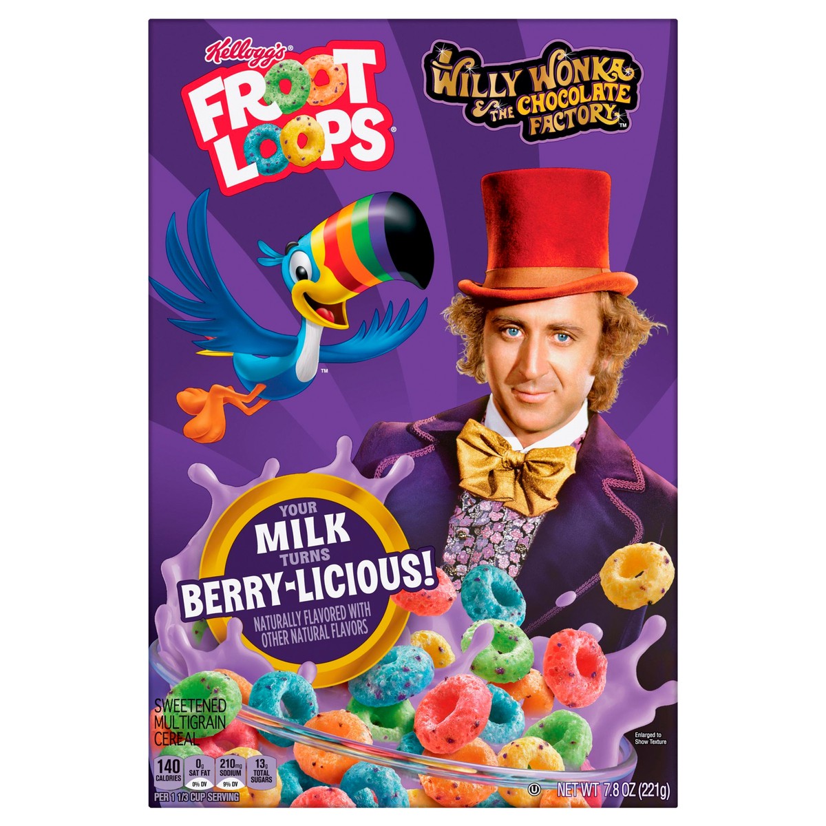 slide 2 of 9, Froot Loops Kellogg's Willy Wonka Froot Loops Cold Breakfast Cereal, Turns Milk Berry-licious, Breakfast Snacks, Berry-licious, 7.8oz Box, 1 Box, 7.8 oz
