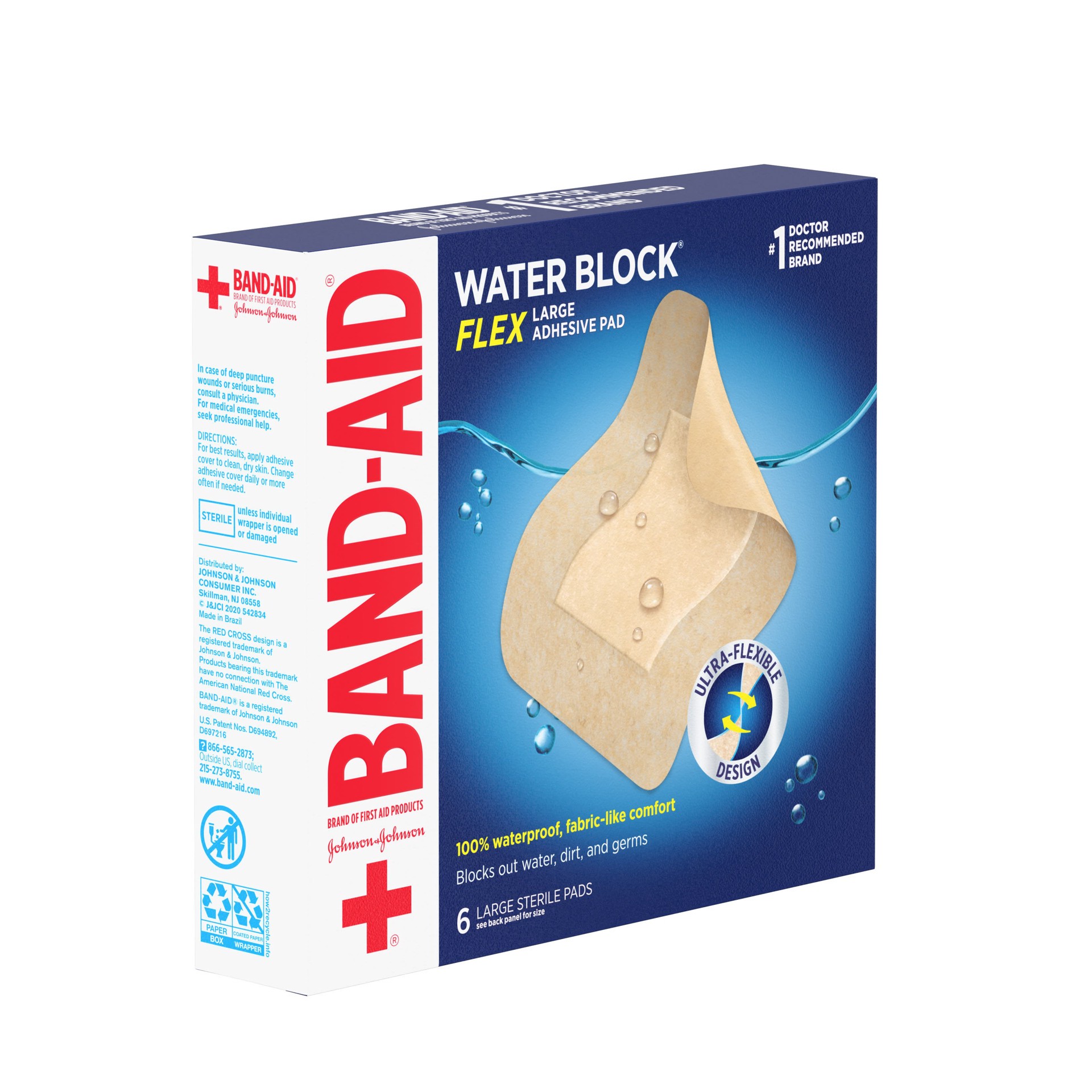 slide 10 of 10, BAND-AID Water Block Flex Large Adhesive Pads, 100% Waterproof Bandage Pads for First-Aid Wound Care of Minor Cuts, Scrapes & Wounds, Ultra-Flexible Design, Sterile, Large, 6 ct, 6 ct