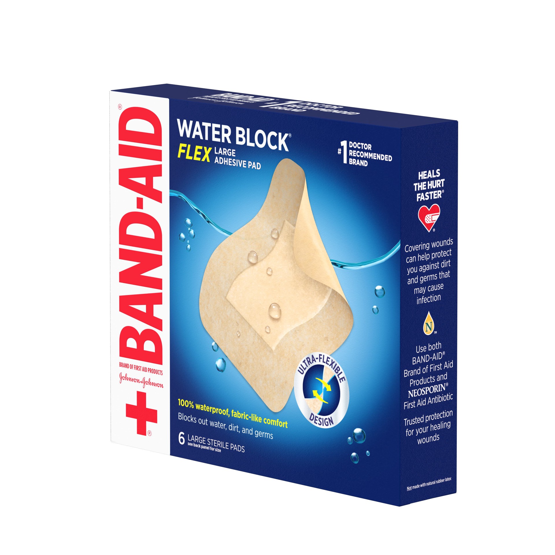 slide 9 of 10, BAND-AID Water Block Flex Large Adhesive Pads, 100% Waterproof Bandage Pads for First-Aid Wound Care of Minor Cuts, Scrapes & Wounds, Ultra-Flexible Design, Sterile, Large, 6 ct, 6 ct