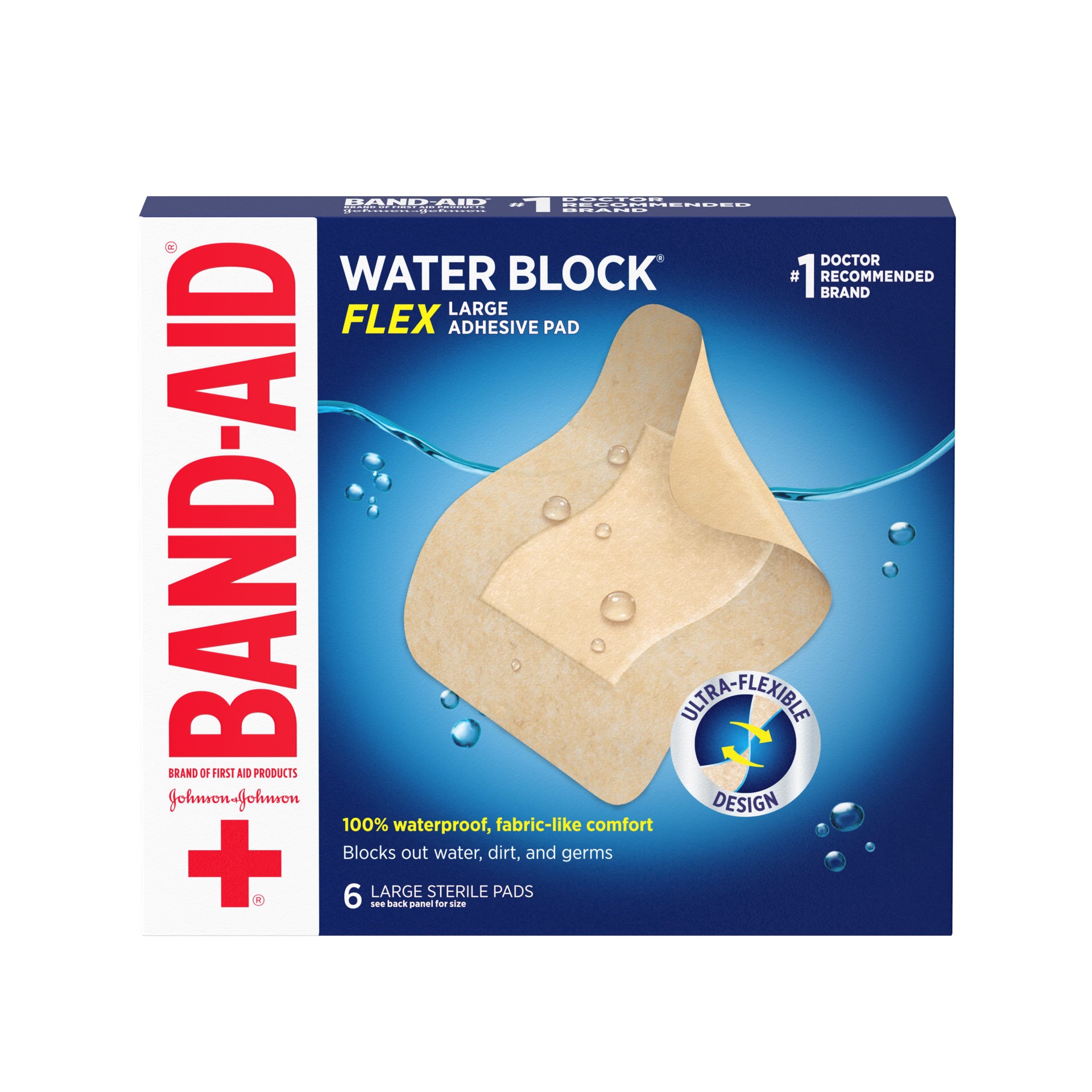 slide 7 of 10, BAND-AID Water Block Flex Large Adhesive Pads, 100% Waterproof Bandage Pads for First-Aid Wound Care of Minor Cuts, Scrapes & Wounds, Ultra-Flexible Design, Sterile, Large, 6 ct, 6 ct