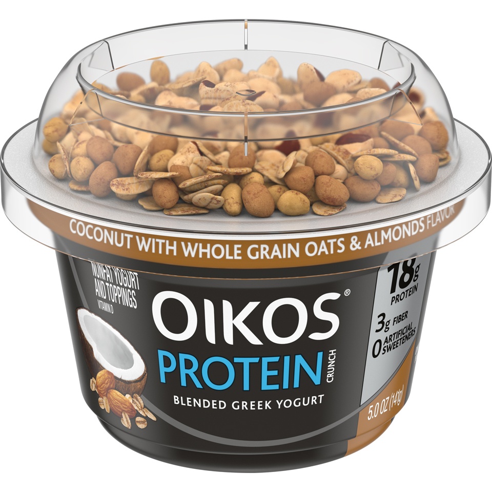 slide 1 of 5, Oikos Yogurt & Toppings, Greek, Nonfat, Coconut with Whole Grain Oats & Almonds Flavor, 5.3 oz