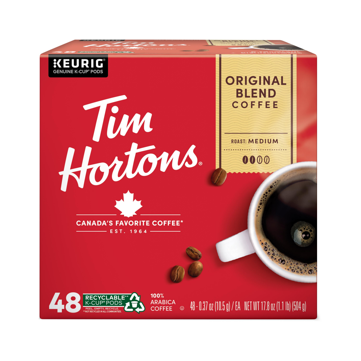 slide 1 of 3, Tim Hortons 100% Arabica Medium Roast Original Blend Coffee 48 - 0.37 oz Pods, 48 ct