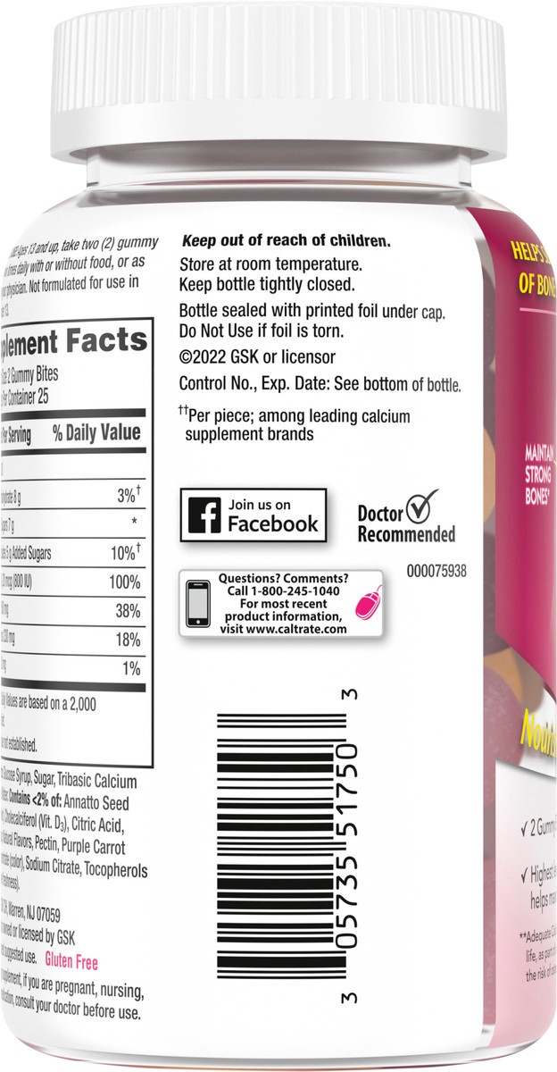 slide 2 of 12, Caltrate Gummy Bites 500 mg Calcium and Vitamin D Supplement, Fruit Flavors, 50 Count, 1 ct
