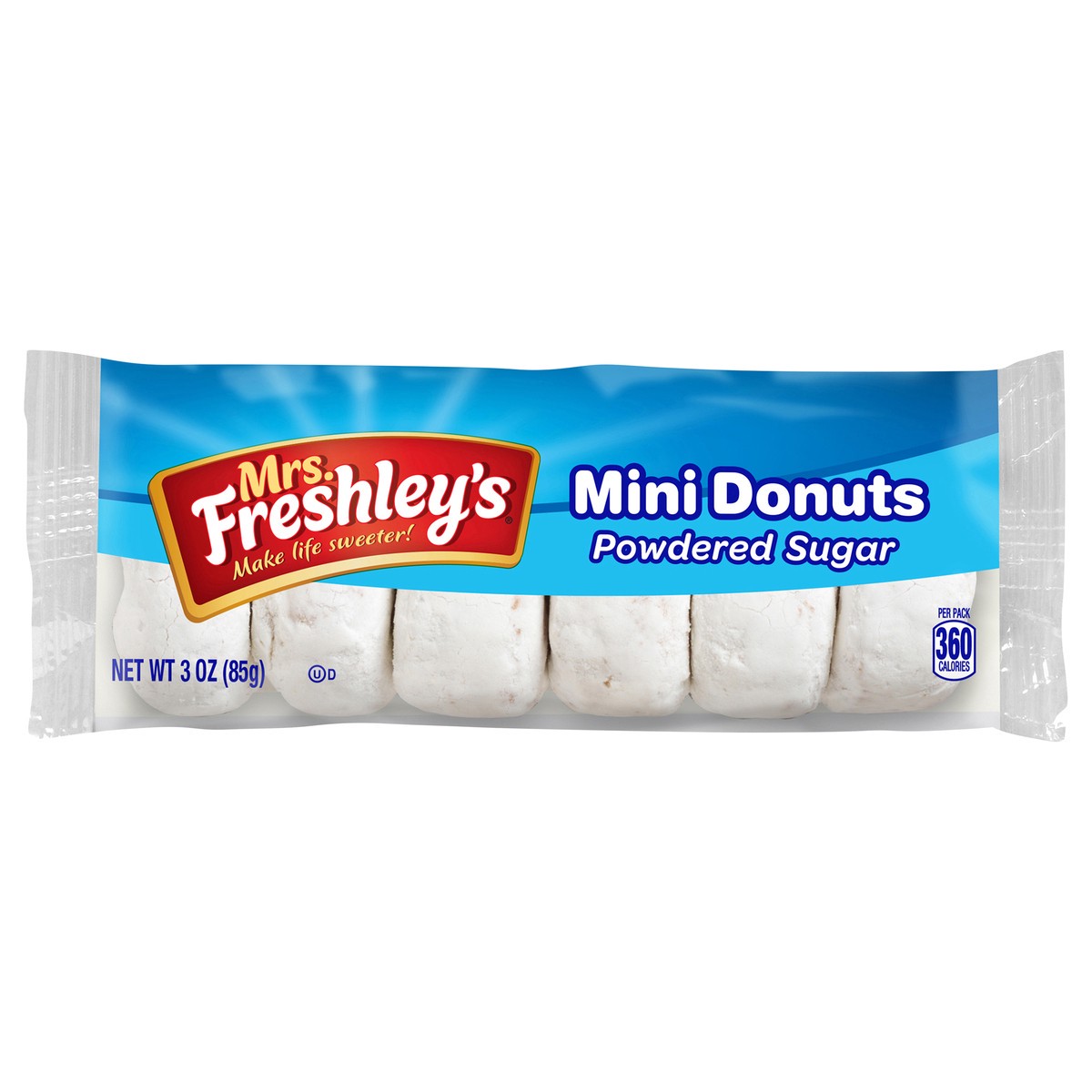 slide 1 of 13, Mrs. Freshley's Powdered Sugar Mini Donuts 3 oz. Pack, 3 ct