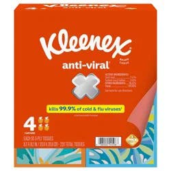 Kleenex Anti-Viral Facial Tissues, 4 Cube Boxes, 55 Tissues per Box, 3-Ply (220 Total Tissues)