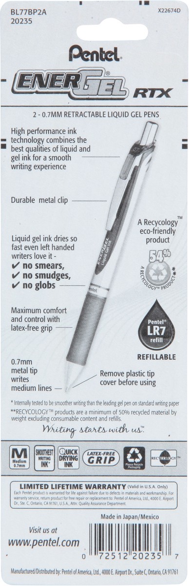 slide 5 of 9, Pentel Energel Medium Retractable RTX 0.7 mm Black Ink Liquid Gel Pen 2 ea, 2 ct