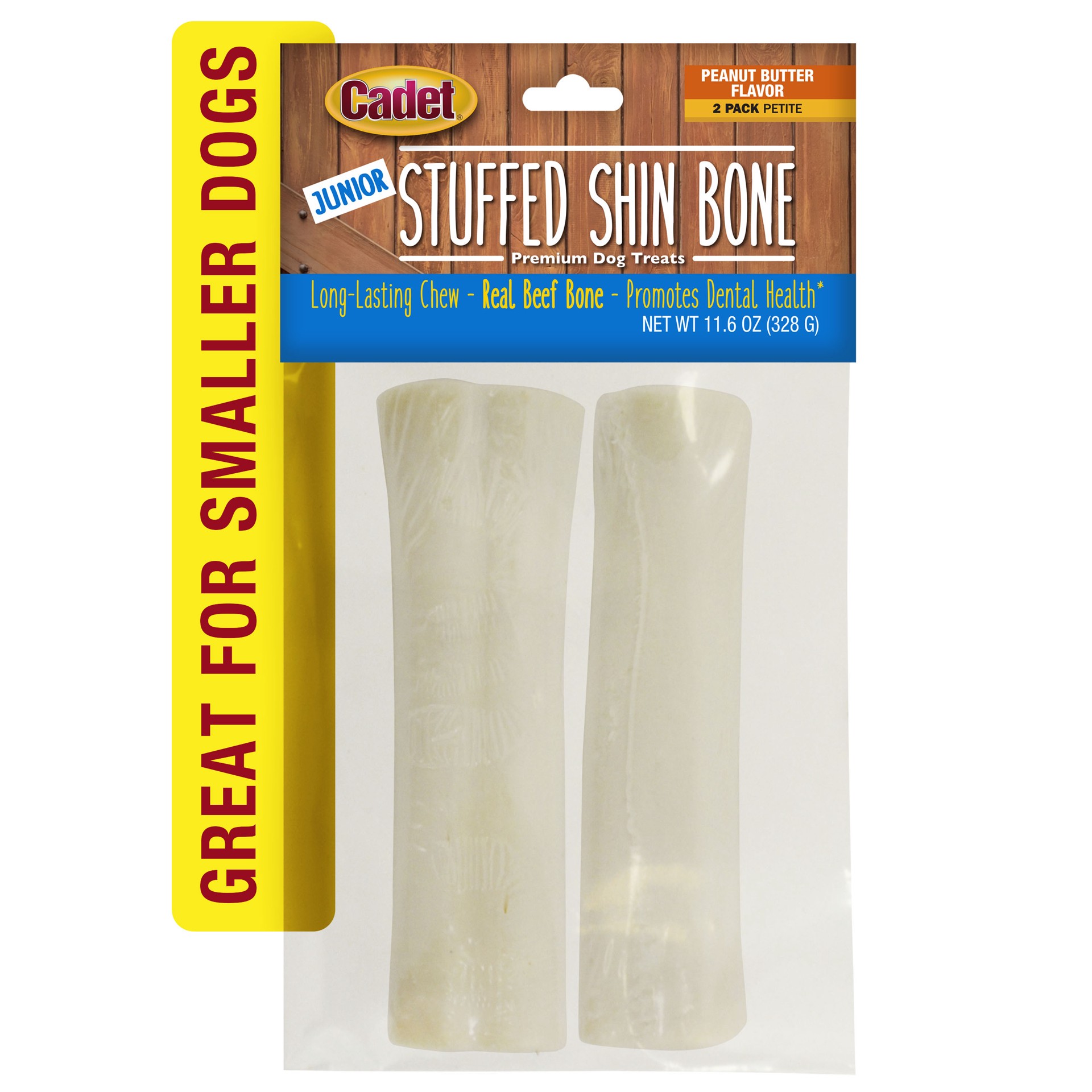 slide 4 of 8, Cadet Junior Stuffed Shin Bones for Dogs Peanut Butter Petite (2 Count), 2 ct