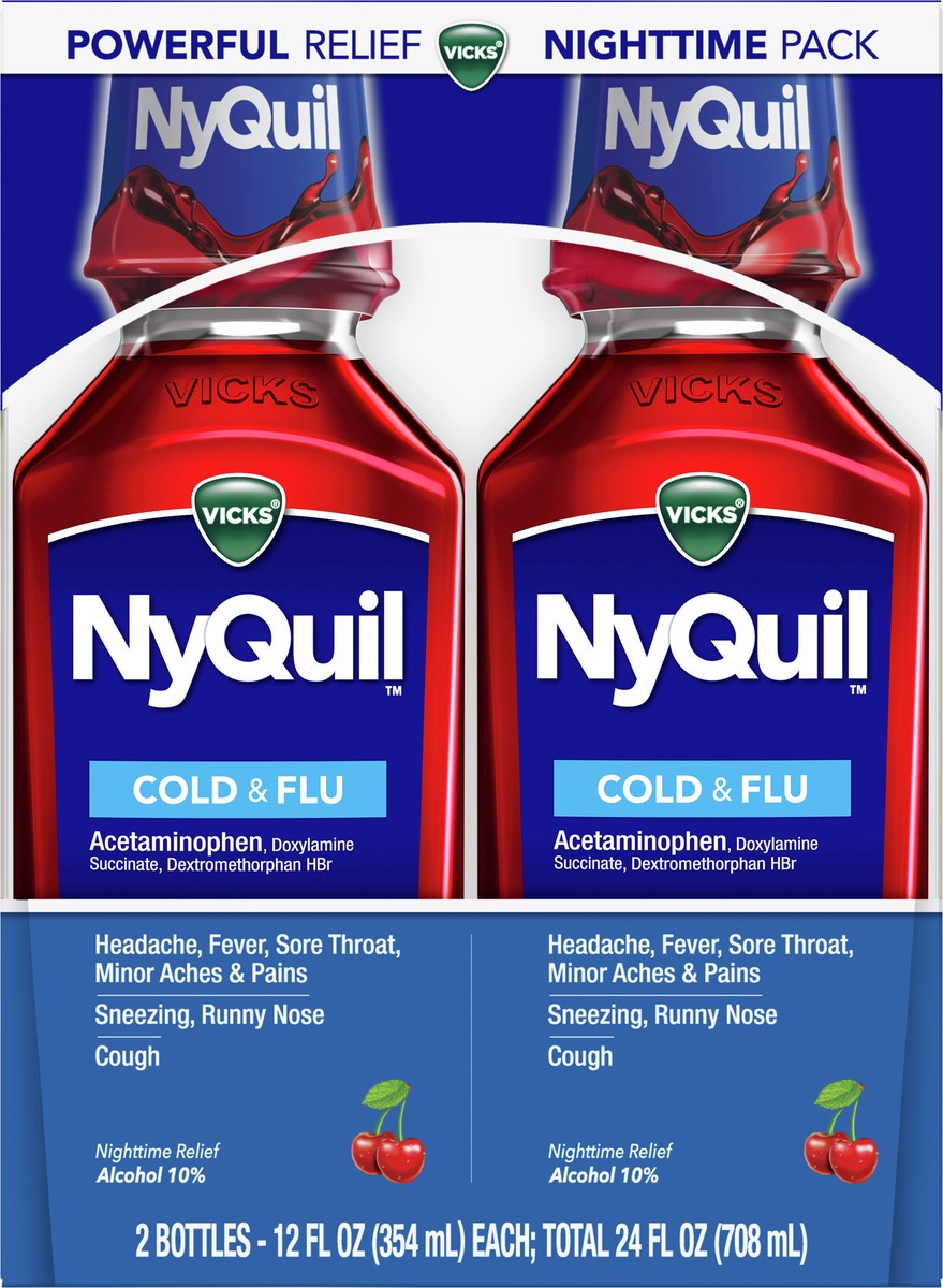 slide 2 of 2, Vicks NyQuil Cherry Cold and Flu Relief Liquid Medicine, Powerful Multi-Symptom Nighttime Relief for Headache, Fever, Sore Throat, Minor Aches and Pains, Sneezing, Runny Nose, and Cough, Cherry Flavored, Twin Pack, 2 8 FL OZ Bottles, 2 ct