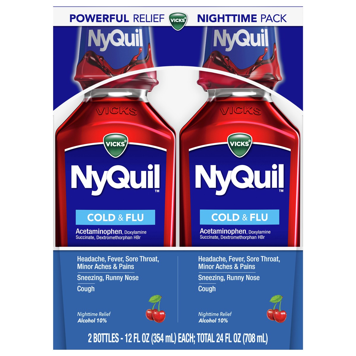 slide 1 of 2, Vicks NyQuil Cherry Cold and Flu Relief Liquid Medicine, Powerful Multi-Symptom Nighttime Relief for Headache, Fever, Sore Throat, Minor Aches and Pains, Sneezing, Runny Nose, and Cough, Cherry Flavored, Twin Pack, 2 8 FL OZ Bottles, 2 ct