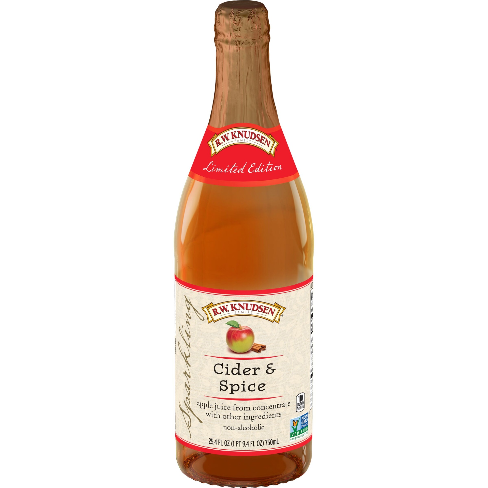 slide 1 of 1, R.W. Knudsen Family Sparkling Cider and Spice Juice, Non-Alcoholic Juice, 25.4 oz