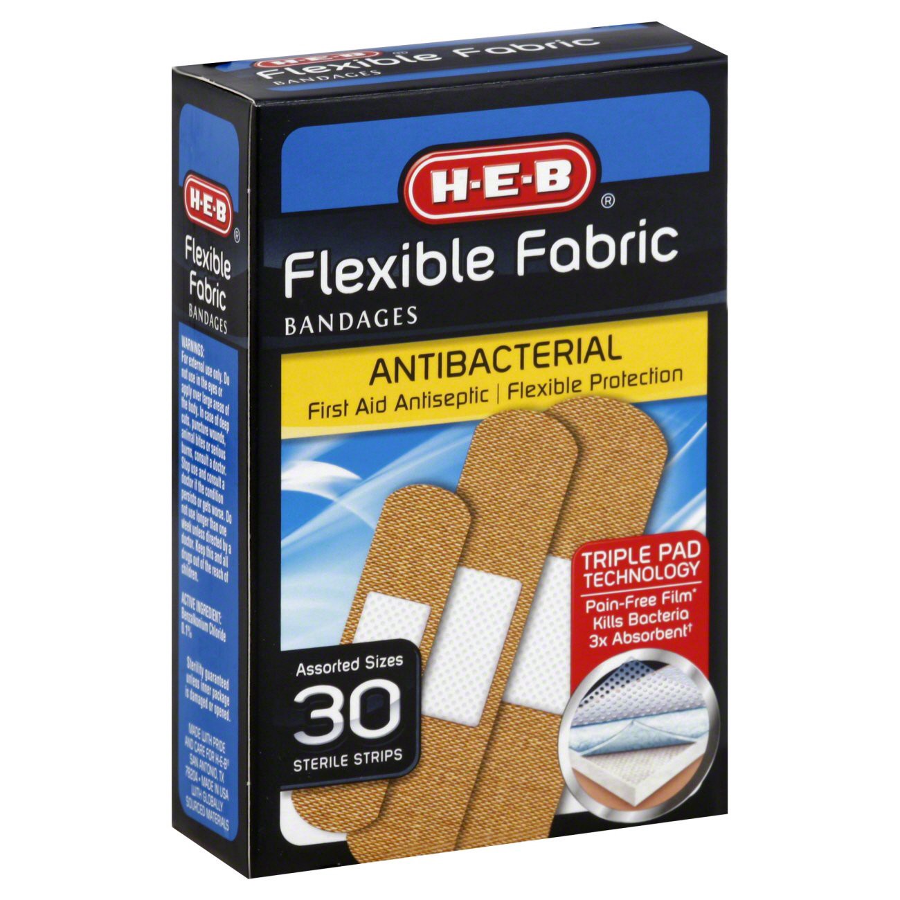 slide 1 of 1, H-E-B Flexible Fabric Assorted Sizes Bandages, 30 ct