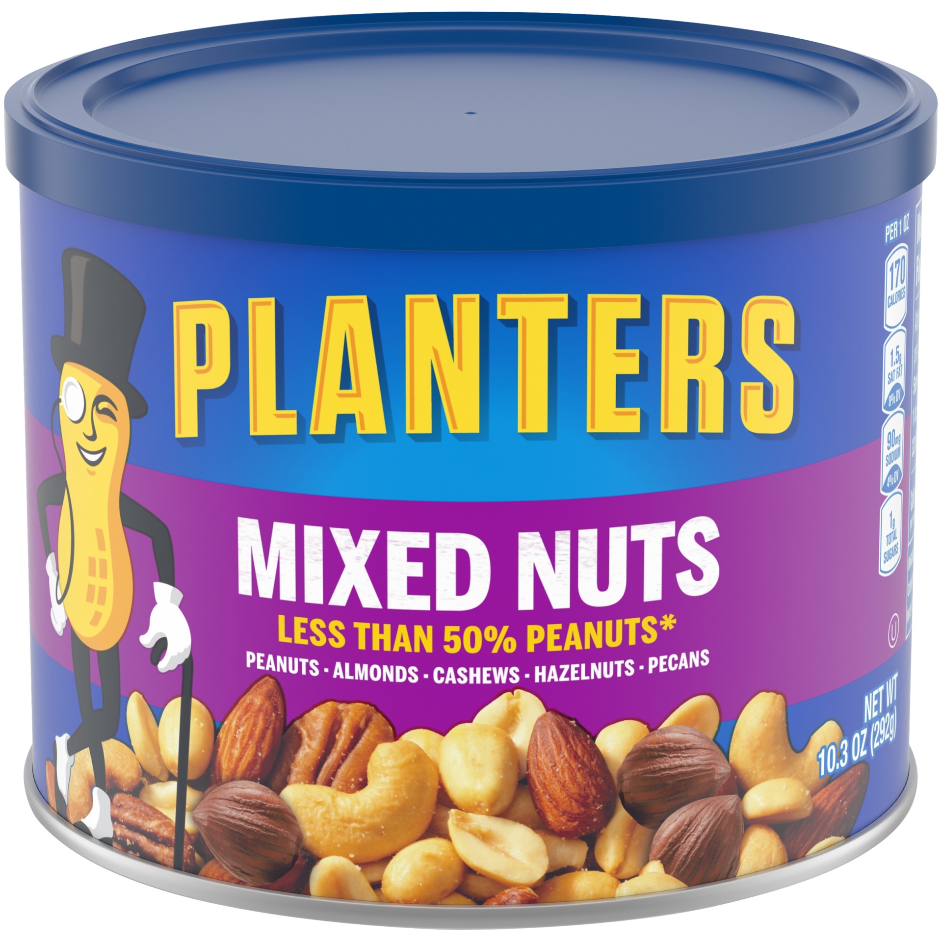 slide 1 of 15, Planters Mixed Nuts Less Than 50% Peanuts with Peanuts, Almonds, Cashews, Hazelnuts & Pecans, 10.3 oz