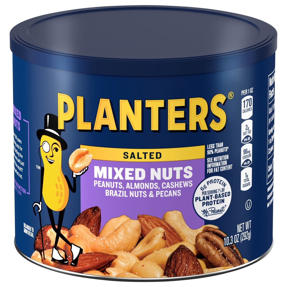 slide 1 of 1, Planters Mixed Nuts Less Than 50% Peanuts with Peanuts, Almonds, Cashews, Hazelnuts & Pecans, 10.3 oz Canister, 