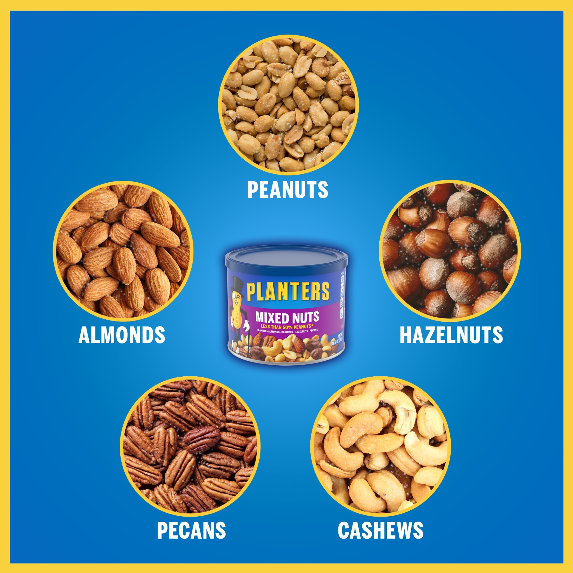 slide 5 of 15, Planters Mixed Nuts Less Than 50% Peanuts with Peanuts, Almonds, Cashews, Hazelnuts & Pecans, 10.3 oz