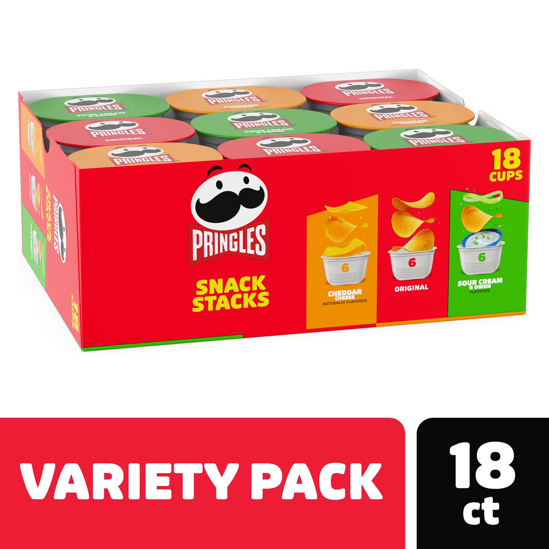 slide 1 of 8, Pringles Potato Crisps Chips, Lunch Snacks, On-the-Go Snacks, Snack Stacks, Variety Pack, 12.9oz Box, 18 Cups, 12.9 oz