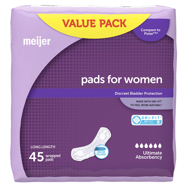 slide 12 of 21, Meijer Bladder Protection Pads, Ultimate Absorbency, Long Length, 45 ct