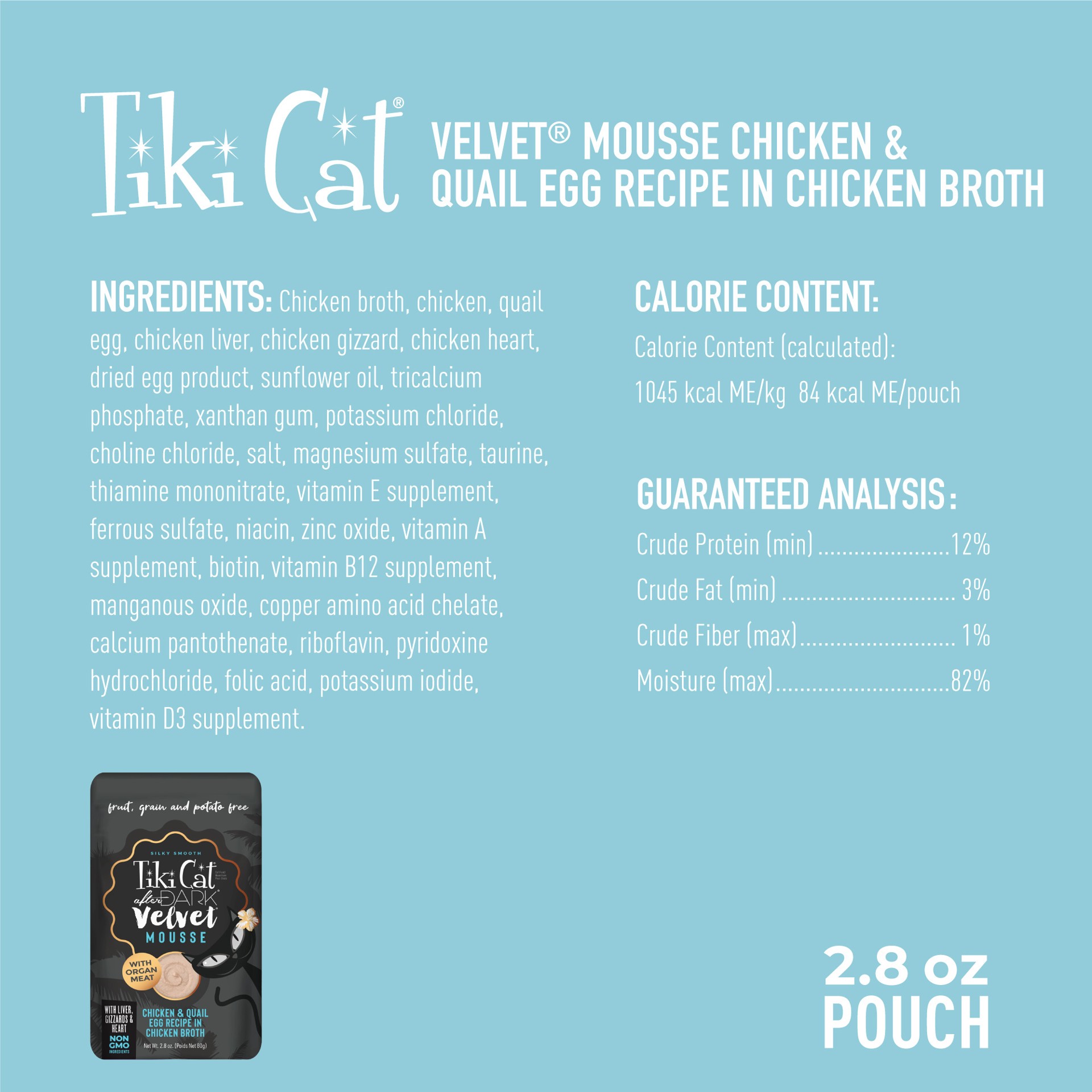 slide 6 of 8, Tiki Cat After Dark Velvet Mousse Wet Cat Food, Chicken & Quail Egg, 2.8 oz. Pouch, 2.8 oz