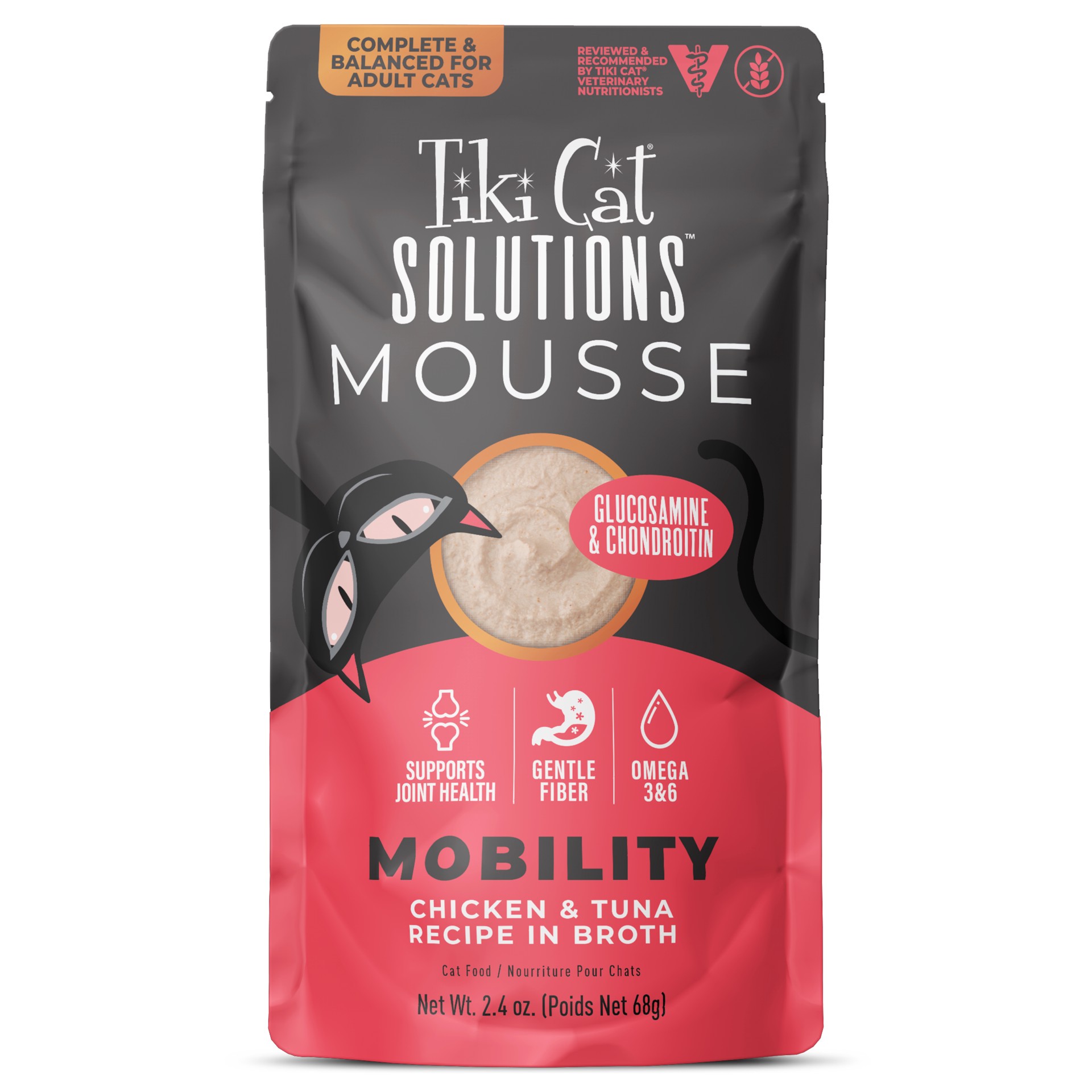 slide 1 of 8, Tiki Cat Solutions Mousse, Mobility, Chicken & Tuna Recipe in Broth Cat Food, 2.4 oz., 2.4 oz