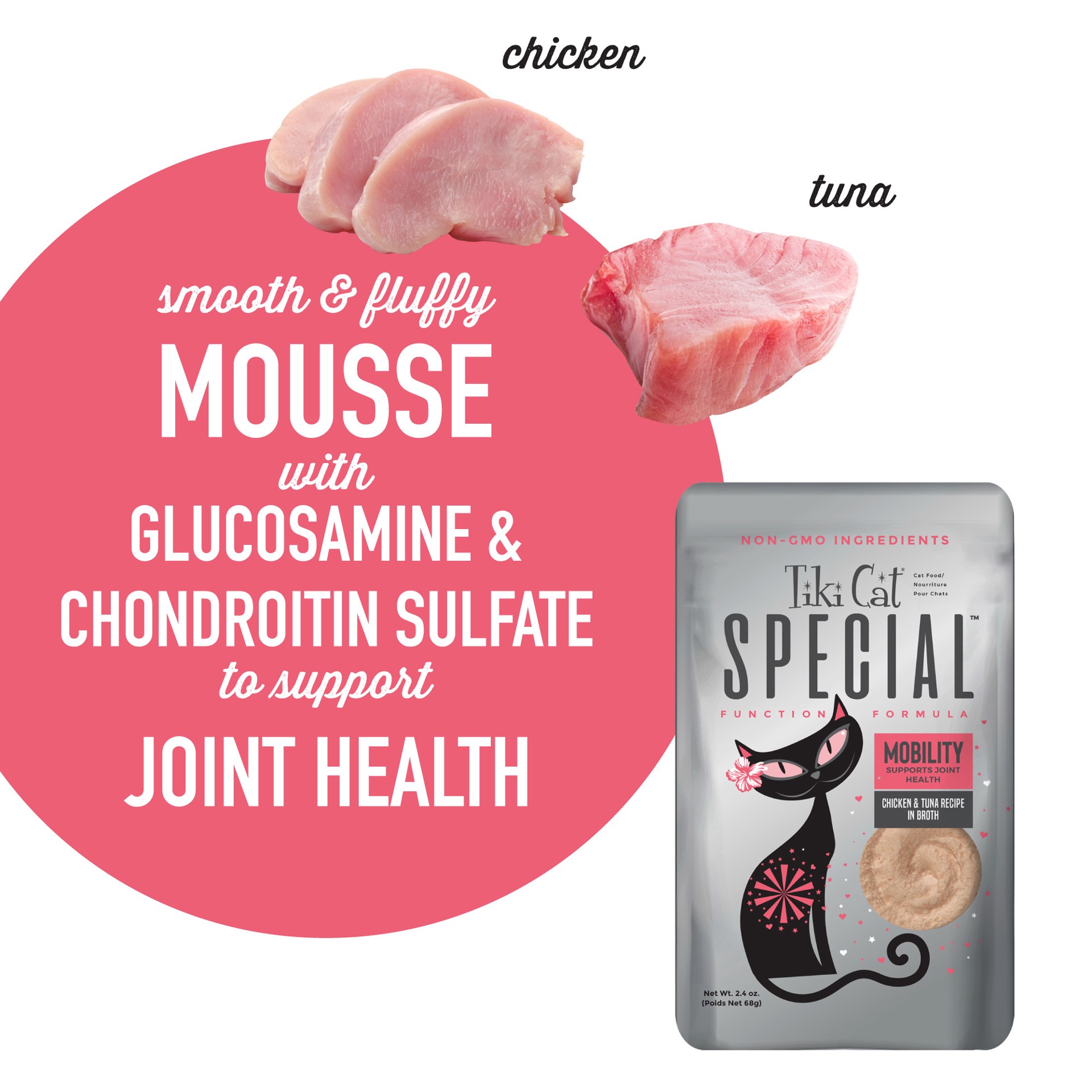 slide 2 of 8, Tiki Cat Solutions Mousse, Mobility, Chicken & Tuna Recipe in Broth Cat Food, 2.4 oz., 2.4 oz