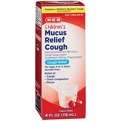 slide 1 of 1, H-E-B Children's Mucus Relief Cough For Ages 4 To 12 Cherry Flavor, 4 oz