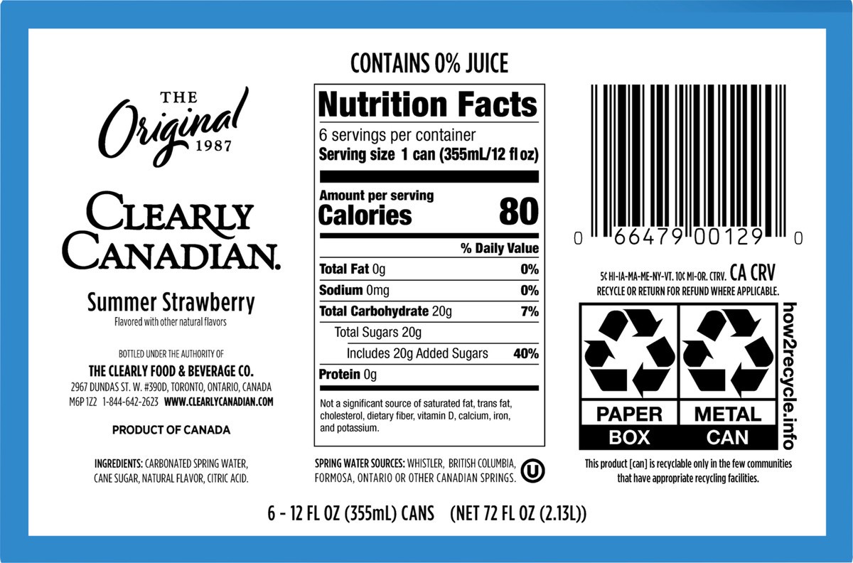 slide 8 of 8, Clearly Canadian Summer Strawberry Sparkling Water 355mL 6 Pack Cans, 6 ct