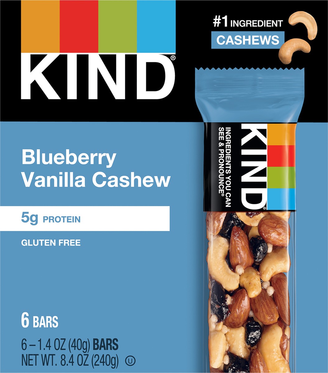 slide 2 of 2, KIND Healthy Snack Bar, Blueberry Vanilla Cashew, 5g Protein, Gluten Free Bars, 1.4 OZ, (6 Count), 8.4 oz