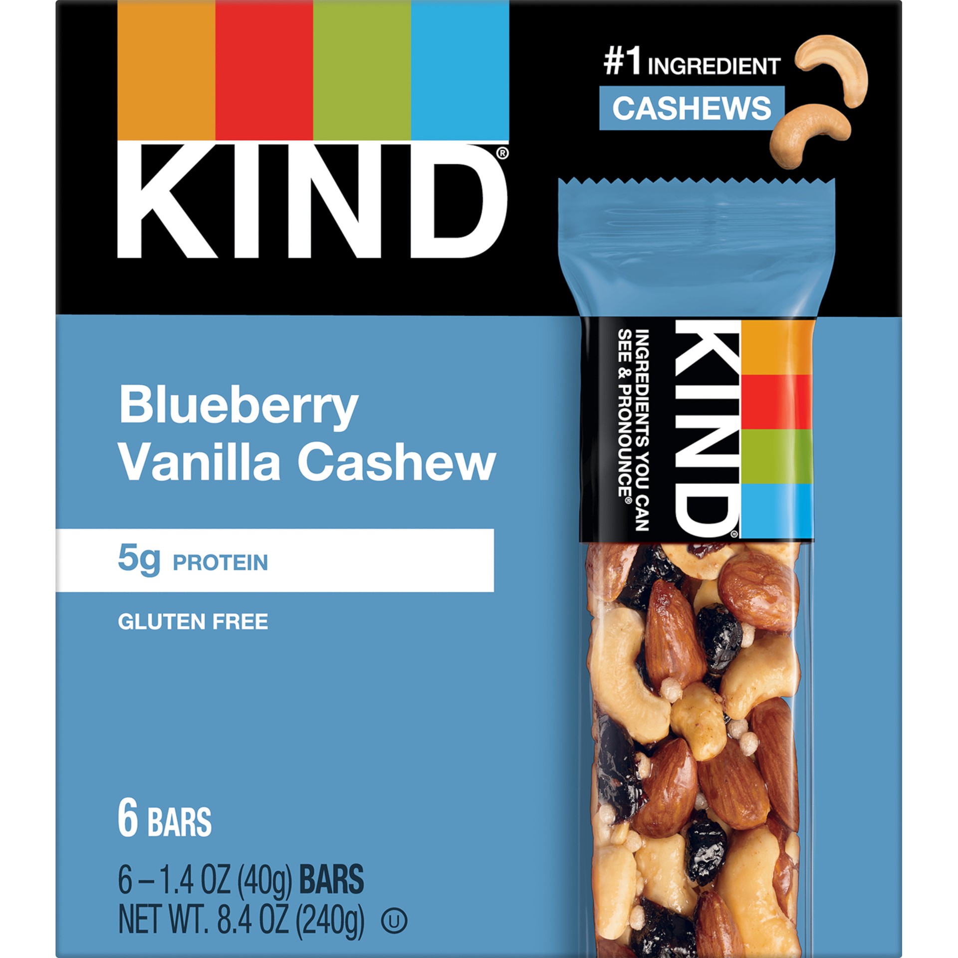 slide 1 of 2, KIND Healthy Snack Bar, Blueberry Vanilla Cashew, 5g Protein, Gluten Free Bars, 1.4 OZ, (6 Count), 8.4 oz