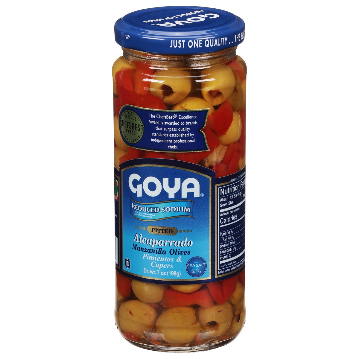 slide 9 of 9, Goya Reduced Sodium Manzanilla Olives Pimientos & Capers Pitted Alcaparrado 7 oz, 7 oz