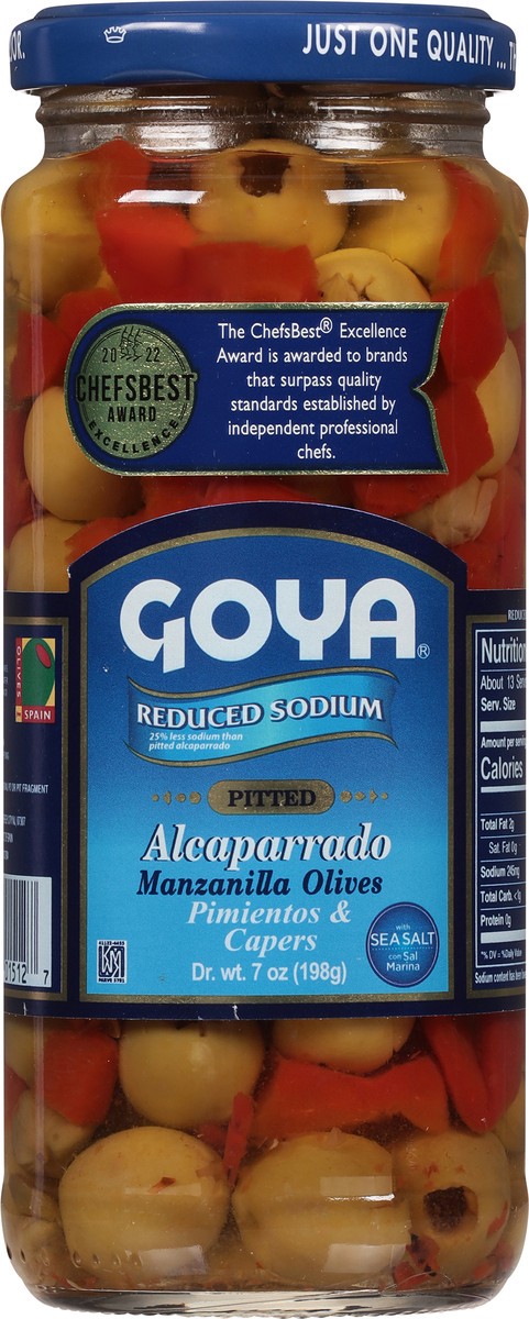 slide 7 of 9, Goya Reduced Sodium Manzanilla Olives Pimientos & Capers Pitted Alcaparrado 7 oz, 7 oz