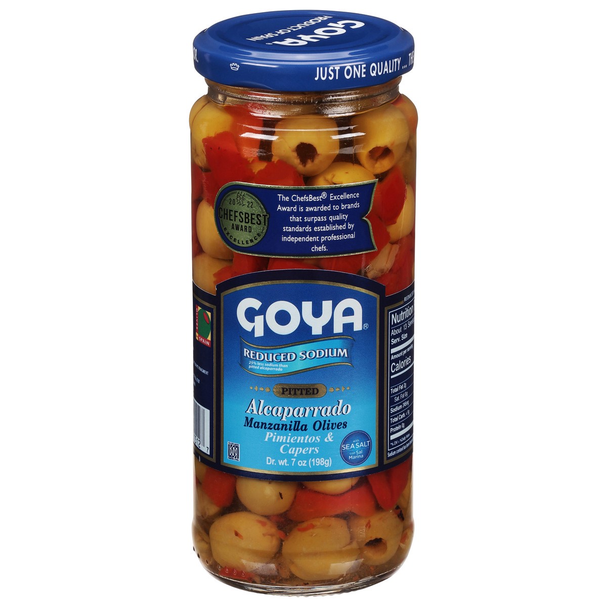 slide 1 of 9, Goya Reduced Sodium Manzanilla Olives Pimientos & Capers Pitted Alcaparrado 7 oz, 7 oz