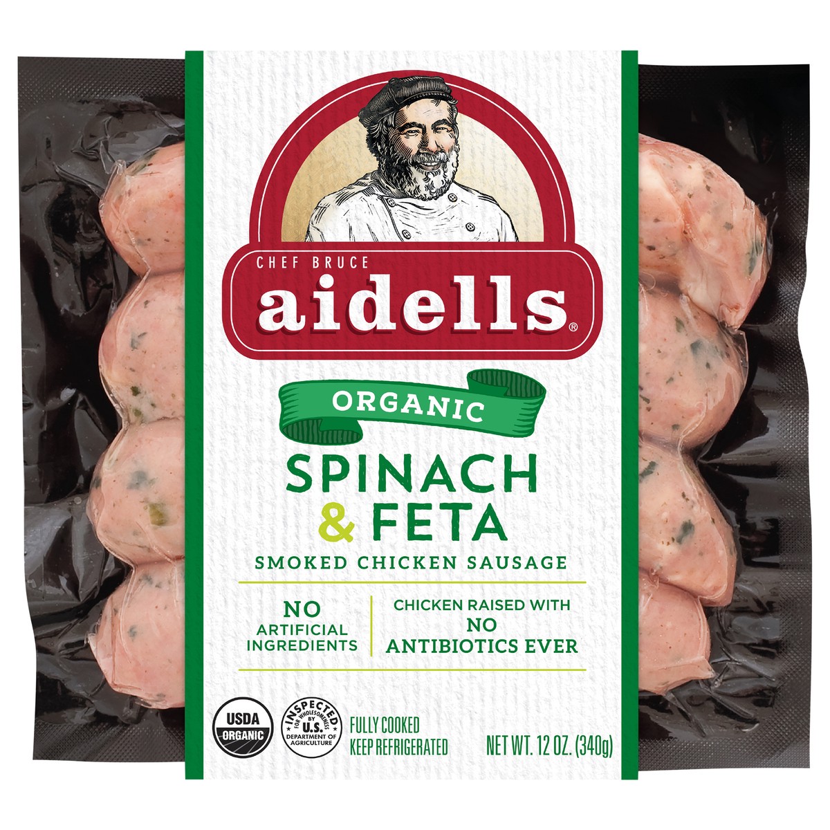 slide 3 of 6, Aidells Spinach & Feta Smoked Chicken Sausage, 340.19 g