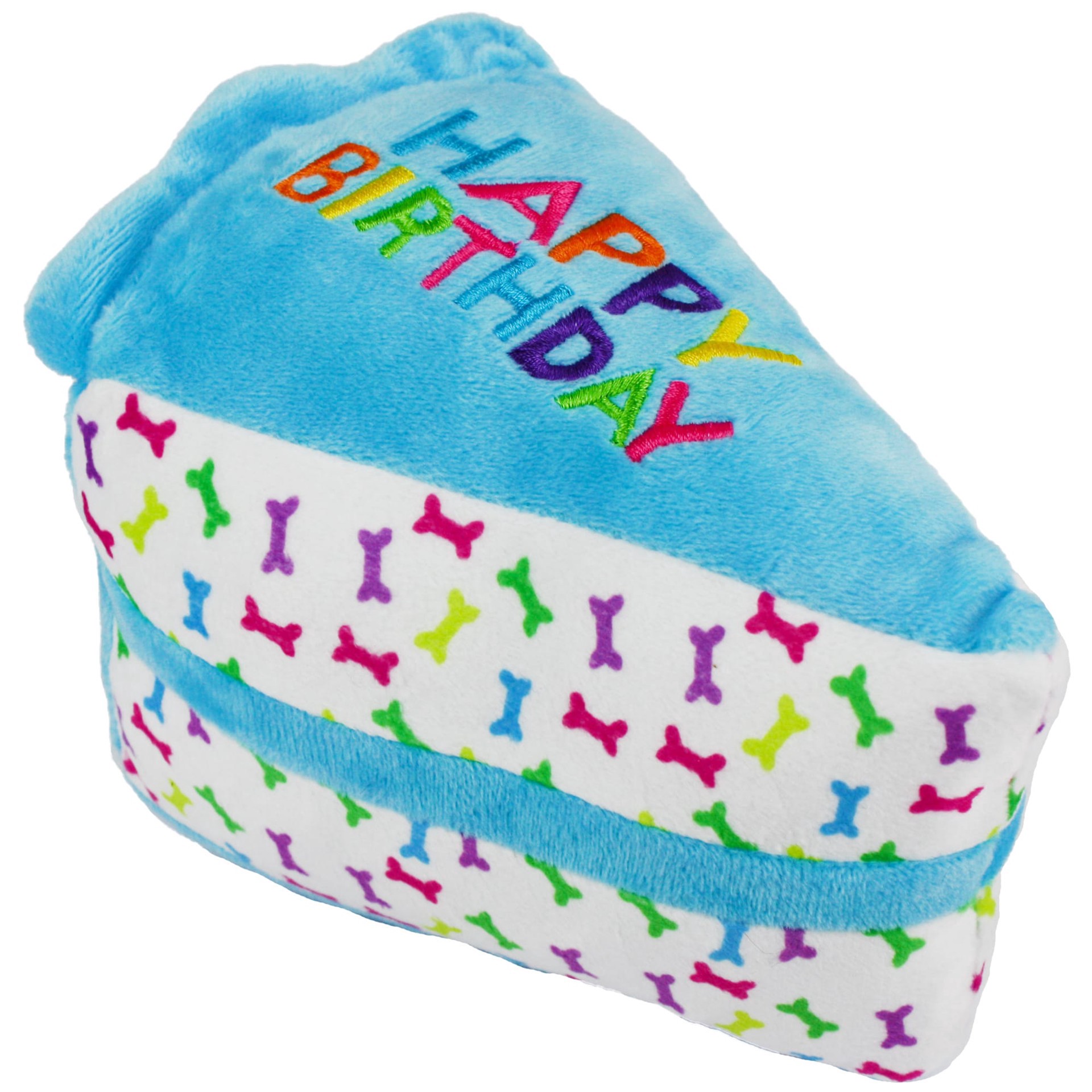 slide 1 of 1, Multipet Blue Happy Birthday Cake Slice Plush Dog Toy, Small, 1 ct