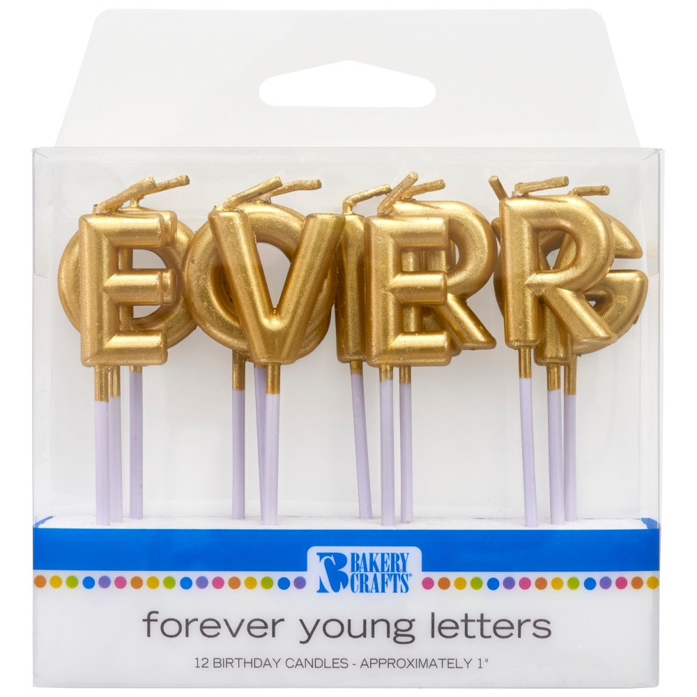 slide 1 of 1, Bakery Crafts Gold Forever Young Letter Candles, 12 ct