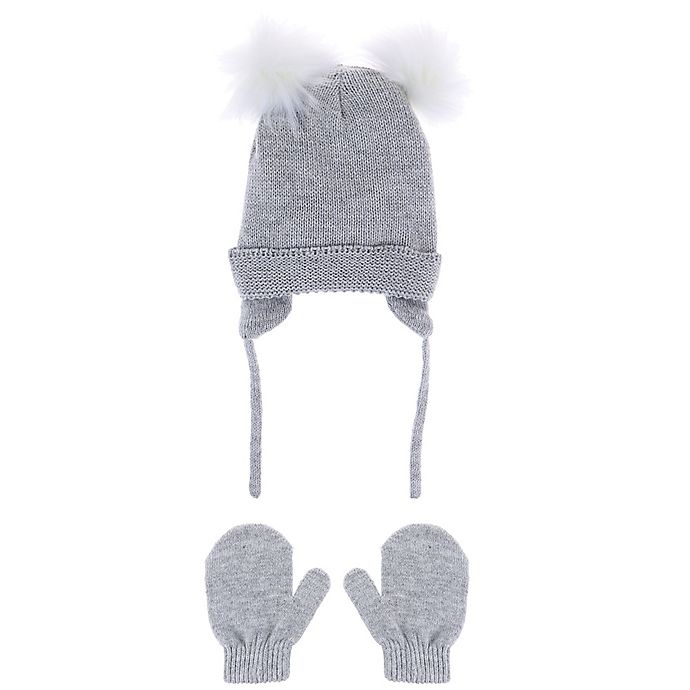 slide 1 of 1, Capelli New York Newborn Double Pom Hat and Mitten Set - Grey, 1 ct