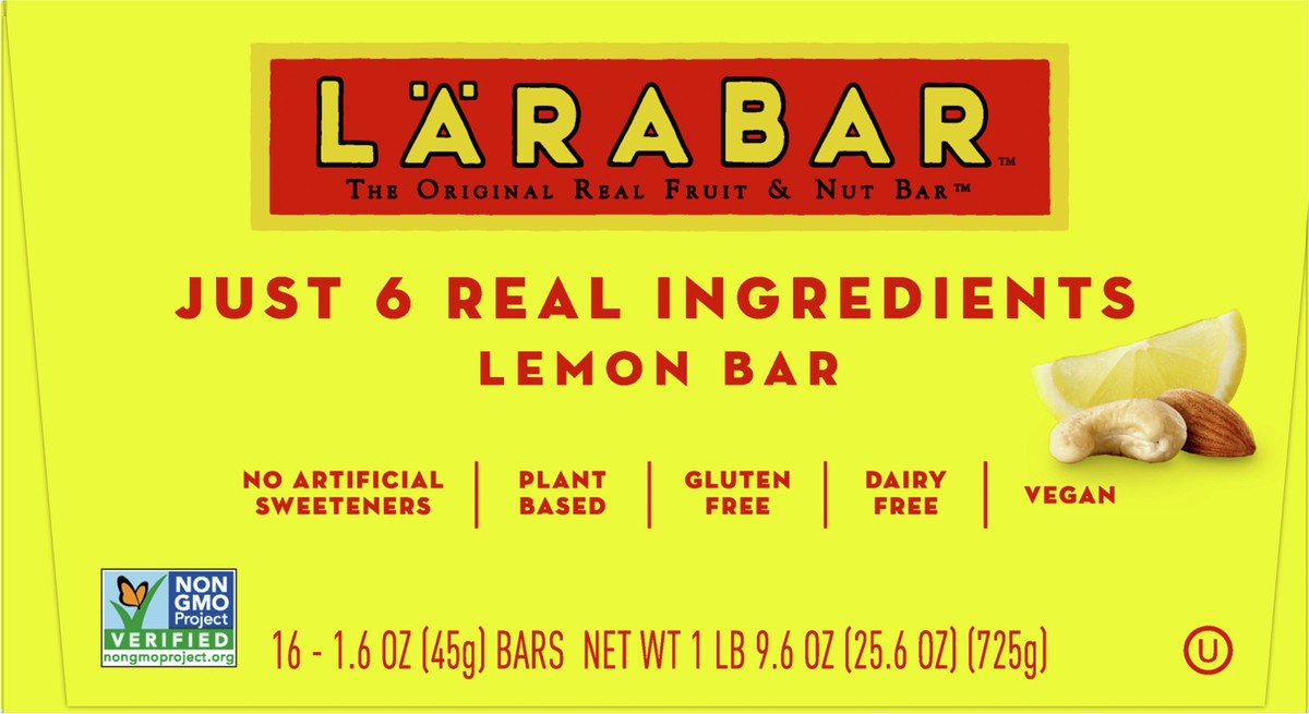 slide 5 of 9, LÄRABAR Lemon Bar, Gluten Free Vegan Fruit & Nut Bar, 1.6 oz Bars, 16 Ct, 16 ct