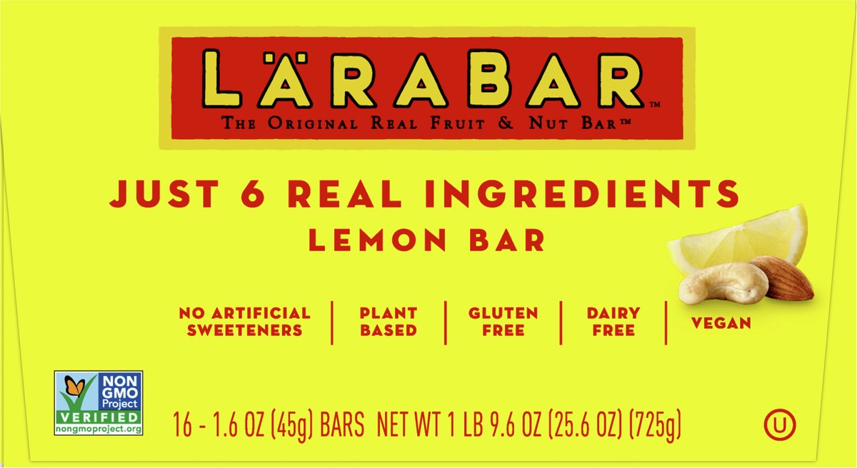 slide 6 of 9, LÄRABAR Lemon Bar, Gluten Free Vegan Fruit & Nut Bar, 1.6 oz Bars, 16 Ct, 16 ct