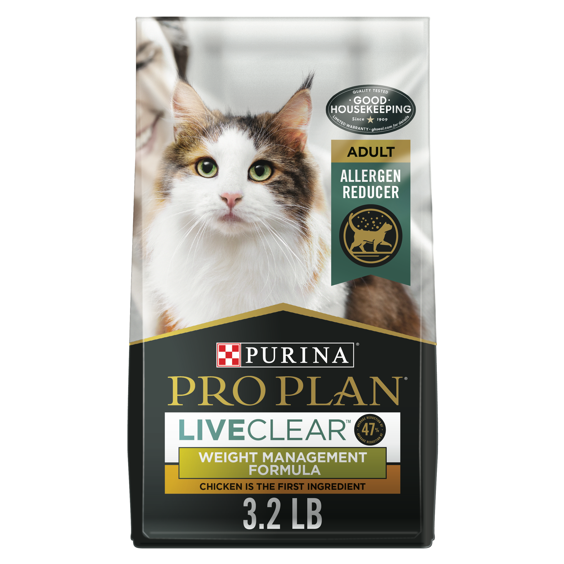 slide 1 of 9, Purina Pro Plan LiveClear Cat Food Weight Management and Cat Allergen Reducer Chicken and Rice Formula, 3.2 lb