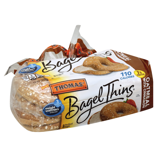 slide 1 of 1, Thomas' Bagel Thins Otml Cinn, 13 oz