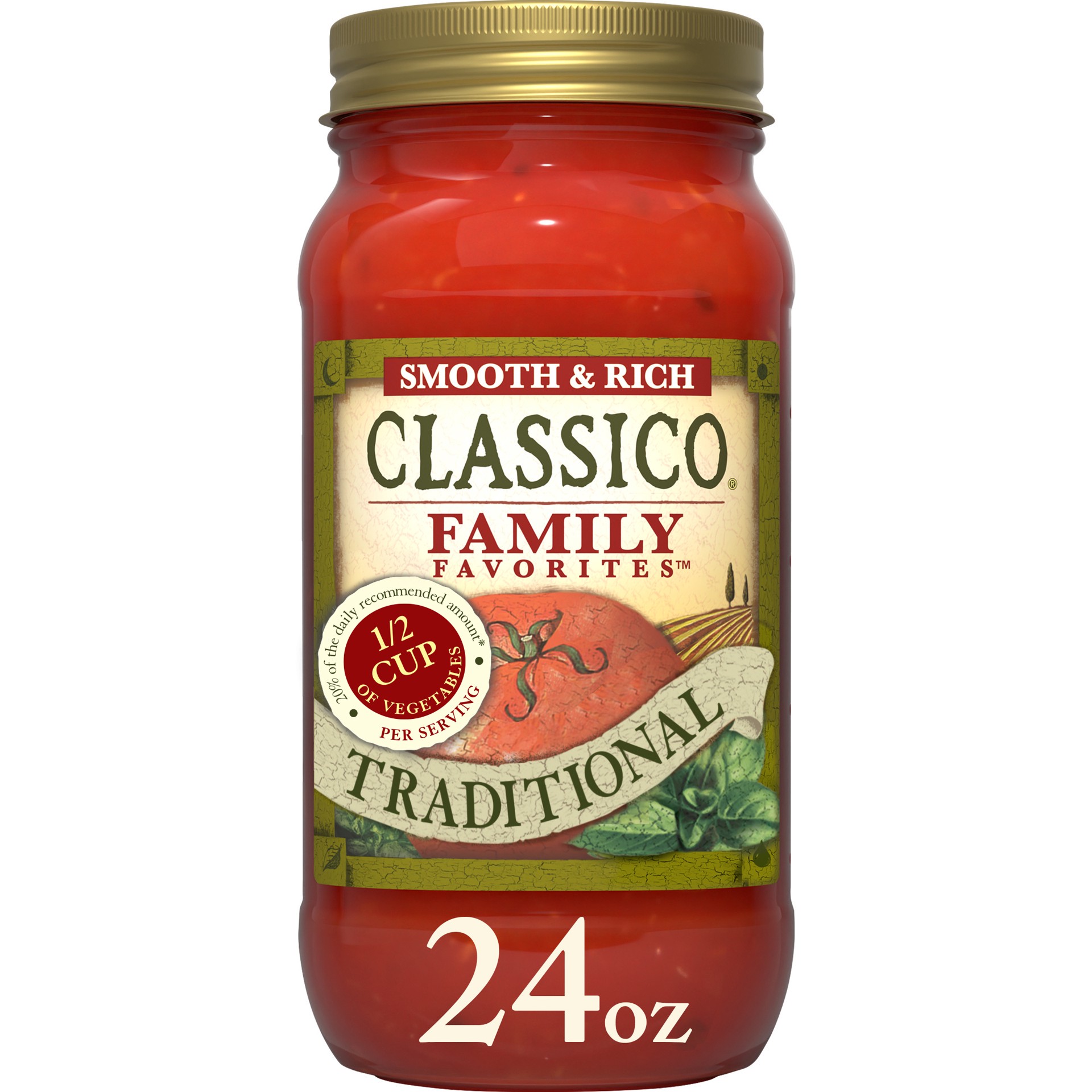 slide 1 of 9, Classico Family Favorites Traditional Smooth & Rich Pasta Sauce, 24 oz Jar, 24 oz