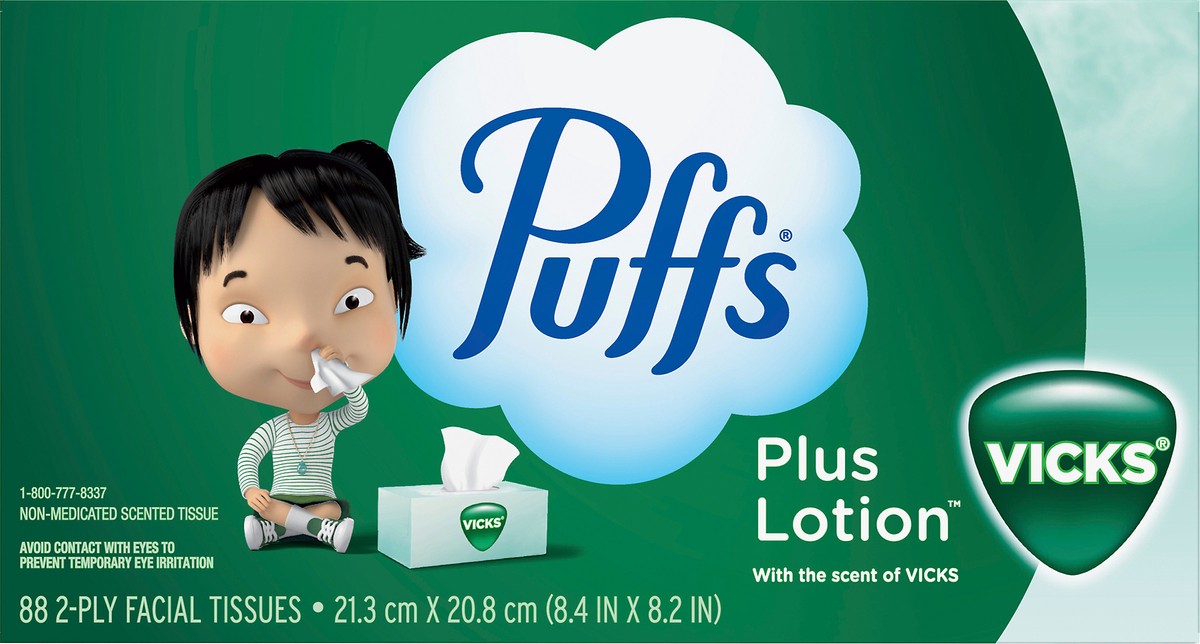 slide 6 of 7, Puffs Plus Lotion with the Scent of Vick's Facial Tissues, 1 Family Size Box, 88 Tissues Per Box, 88 ct