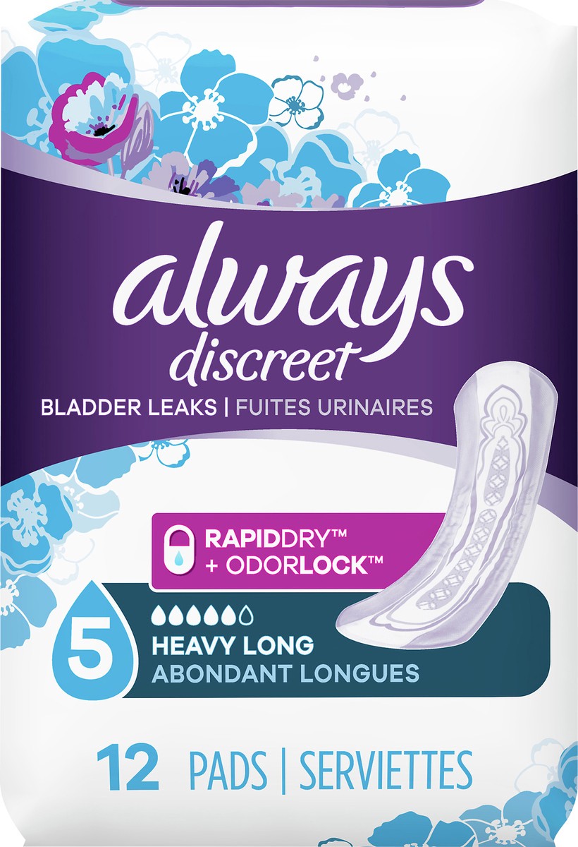 slide 2 of 2, Always Discreet Heavy Long 5 Lightly Scented Pads 12 ea, 12 ct